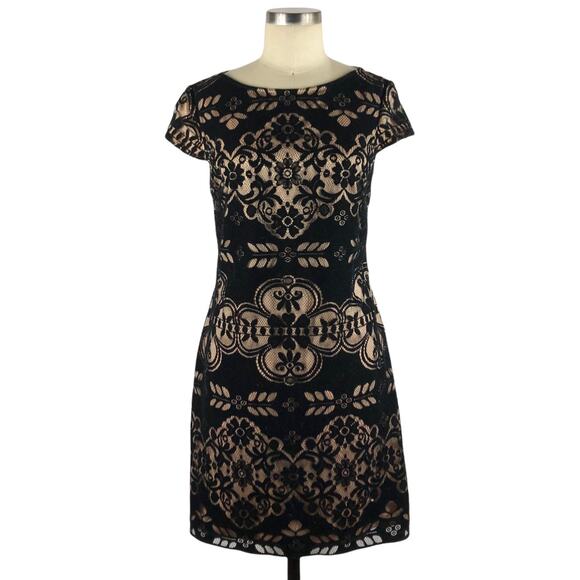 ELIZA J Dress Black Tan Velvet Burnout Lace Cutout Mini Dress Size 6 Date Night - Picture 1 of 6